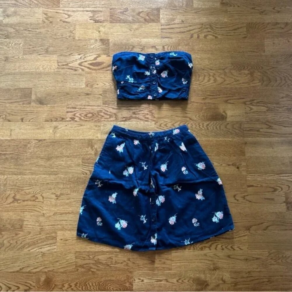 Abercrombie crop tube top and skirt set Navy Blue Floral smock mini Button Front